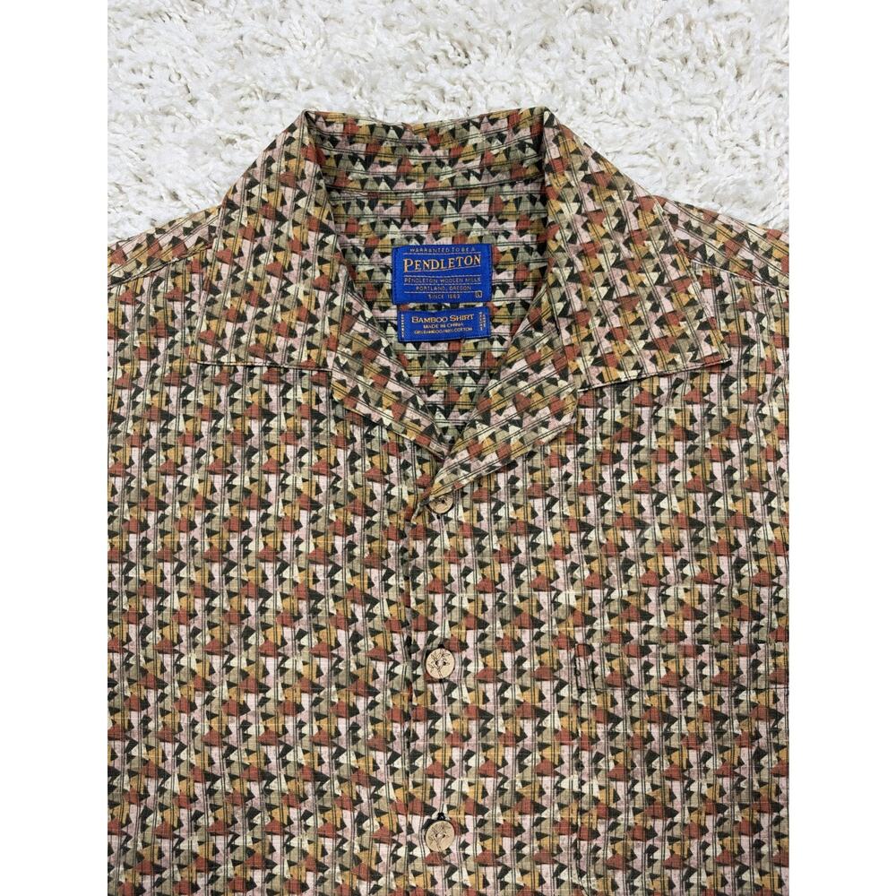 Pendleton Bamboo Shirt Mens Large Camp Collar Short Sleeve Geometric Aztec Brown - Picture 2 of 11